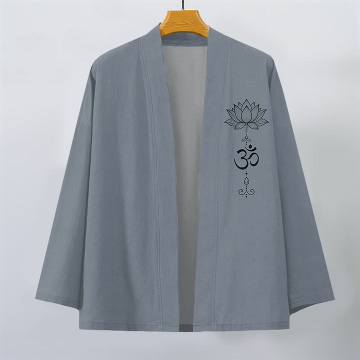 Buddha Stones Bawełniane kimono męskie z odkrytym przodem i wzorem lotosu Zen - image 1