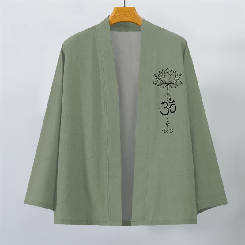 Buddha Stones Bawełniane kimono męskie z odkrytym przodem i wzorem lotosu Zen - image 7
