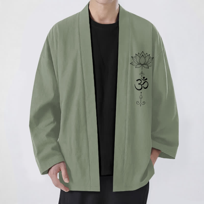 Buddha Stones Bawełniane kimono męskie z odkrytym przodem i wzorem lotosu Zen - DarkSeaGreen - US/UK/AU48， EU58 (4XL) - image 6