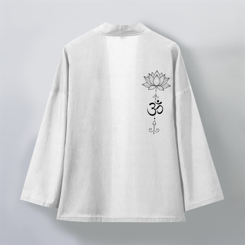 Buddha Stones Bawełniane kimono męskie z odkrytym przodem i wzorem lotosu Zen - image 11