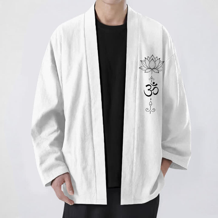 Buddha Stones Bawełniane kimono męskie z odkrytym przodem i wzorem lotosu Zen - Biały - US/UK/AU48， EU58 (4XL) - image 9