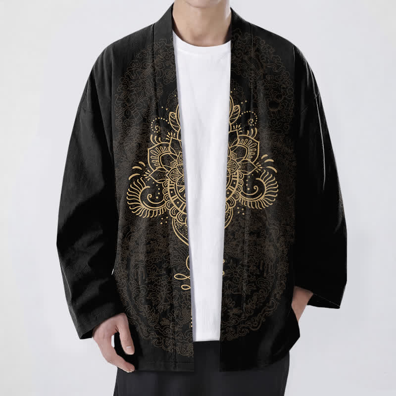 Buddha Stones Bawełniane kimono męskie z symetrycznym kwiatowym wzorem mandali z otwartym przodem - Czarny - US/UK/AU48， EU58 (4XL) - image 0