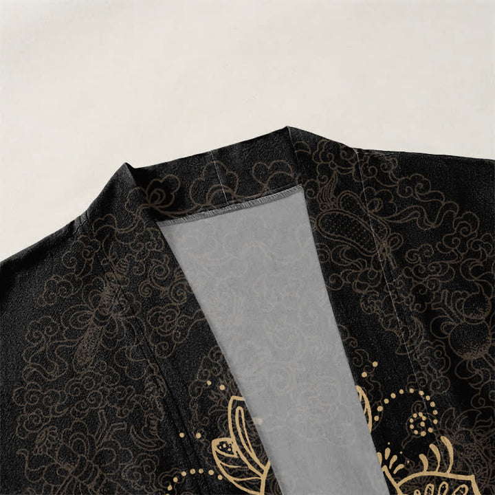 Buddha Stones Bawełniane kimono męskie z symetrycznym kwiatowym wzorem mandali z otwartym przodem - image 3