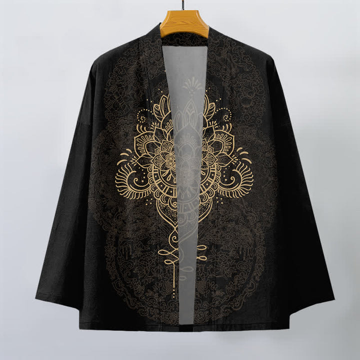 Buddha Stones Bawełniane kimono męskie z symetrycznym kwiatowym wzorem mandali z otwartym przodem - image 1