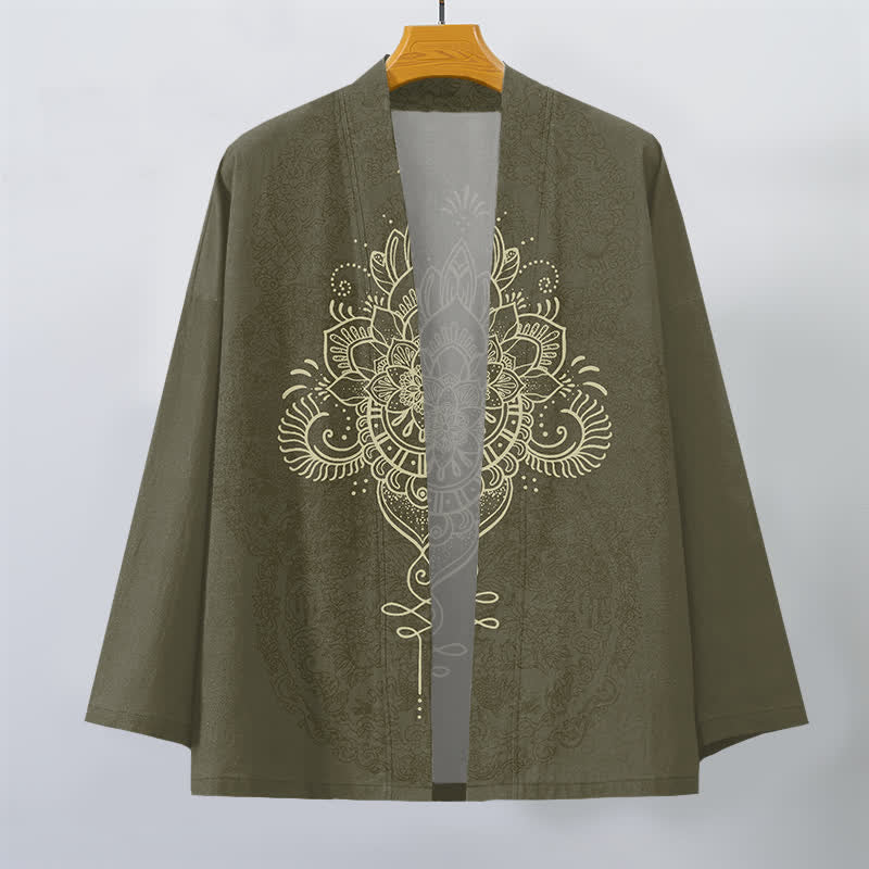 Buddha Stones Bawełniane kimono męskie z symetrycznym kwiatowym wzorem mandali z otwartym przodem - image 7