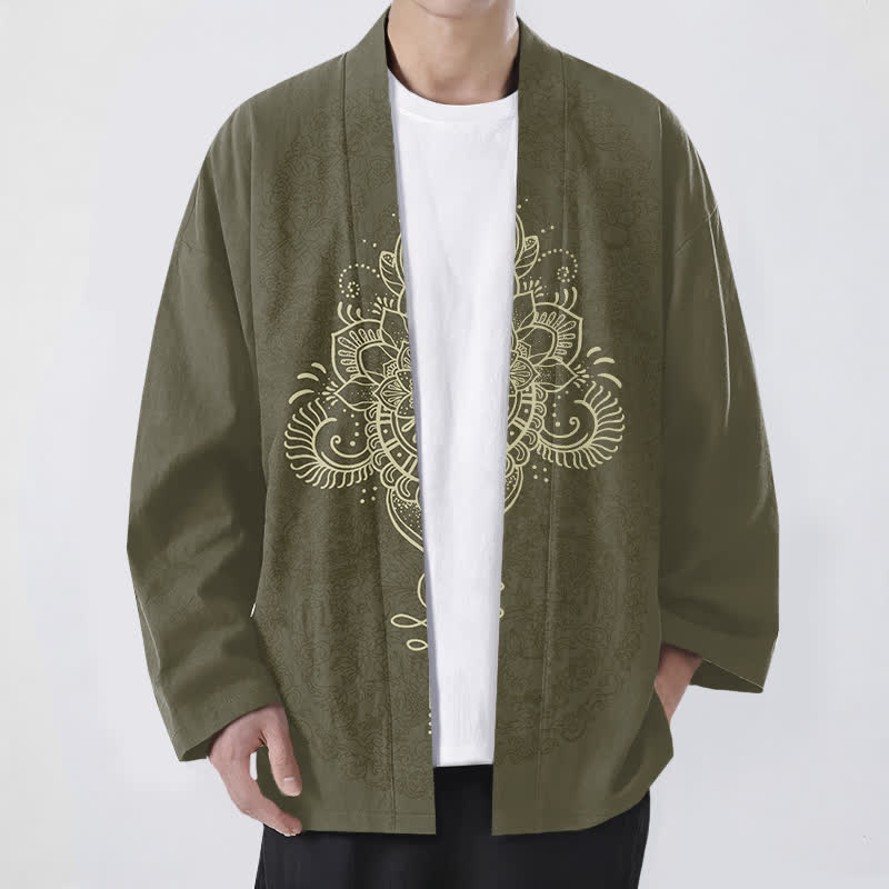 Buddha Stones Bawełniane kimono męskie z symetrycznym kwiatowym wzorem mandali z otwartym przodem - Oliwka - US/UK/AU48， EU58 (4XL) - image 6