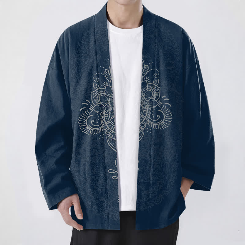 Buddha Stones Bawełniane kimono męskie z symetrycznym kwiatowym wzorem mandali z otwartym przodem - Marynarka wojenna - US/UK/AU48， EU58 (4XL) - image 9