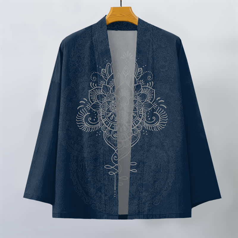 Buddha Stones Bawełniane kimono męskie z symetrycznym kwiatowym wzorem mandali z otwartym przodem - image 10