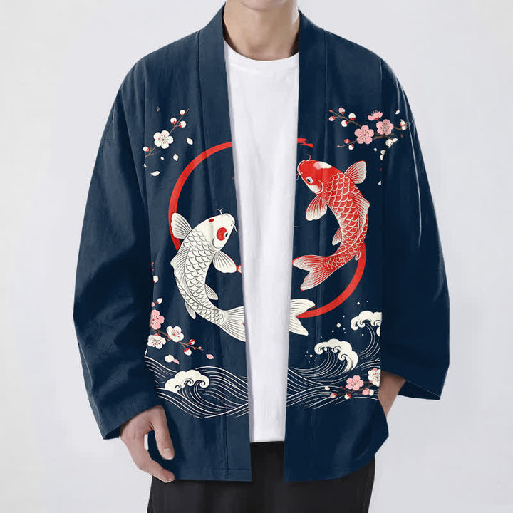 Buddha Stones Męskie kimono z bawełny Twin Koi Sakura Waves z otwartym przodem - Marynarka wojenna - US/UK/AU48， EU58 (4XL) - image 0