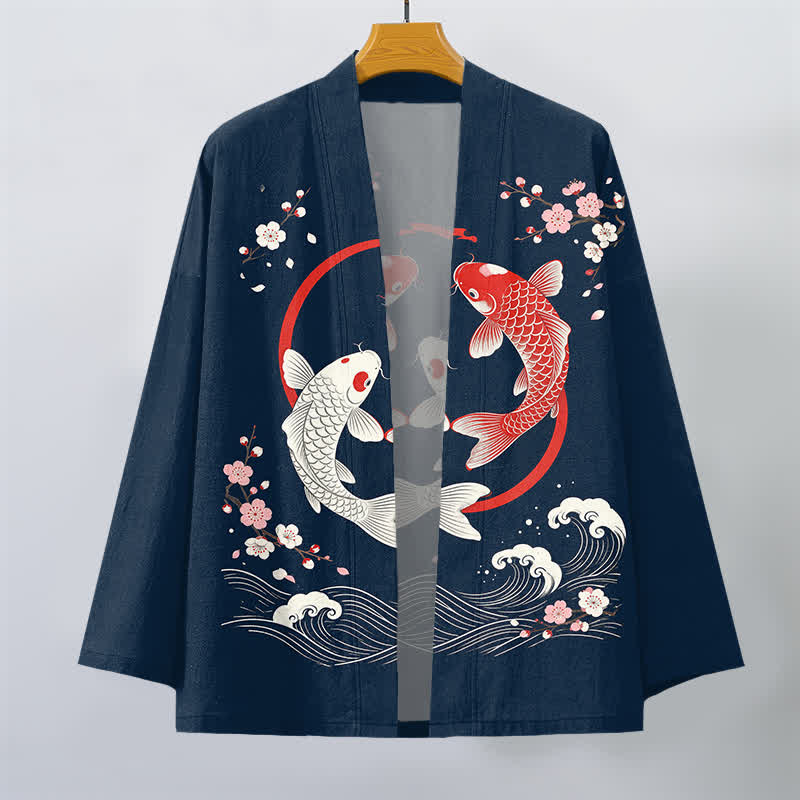 Buddha Stones Męskie kimono z bawełny Twin Koi Sakura Waves z otwartym przodem - image 1