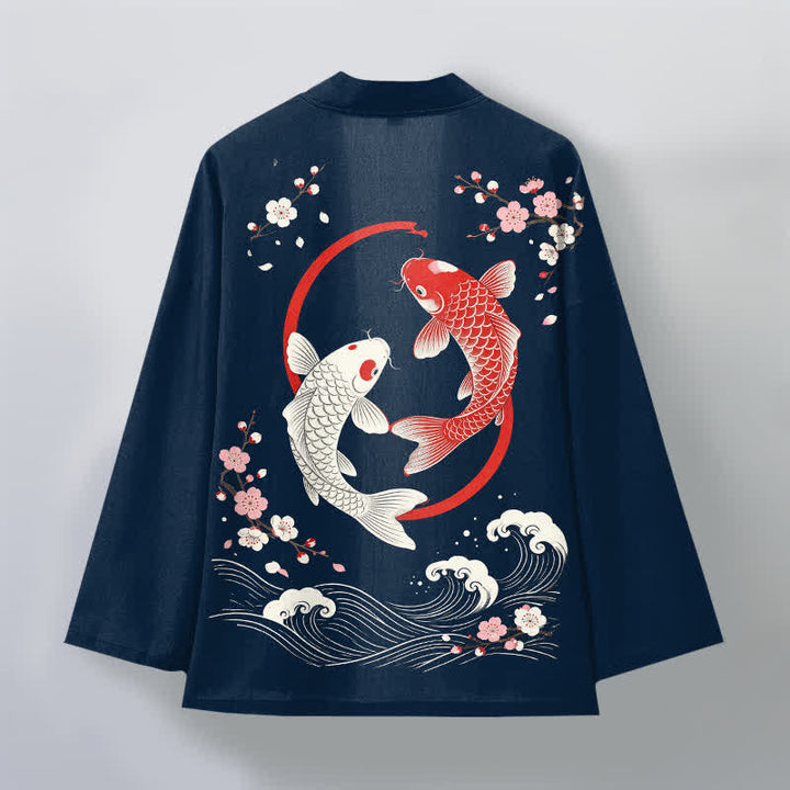 Buddha Stones Męskie kimono z bawełny Twin Koi Sakura Waves z otwartym przodem - image 2