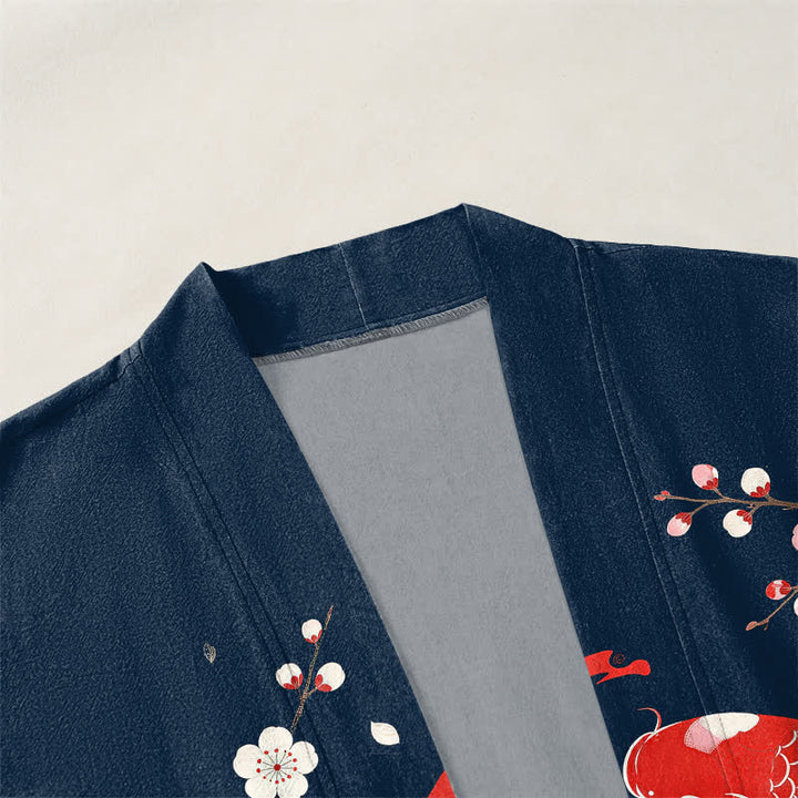Buddha Stones Męskie kimono z bawełny Twin Koi Sakura Waves z otwartym przodem - image 3