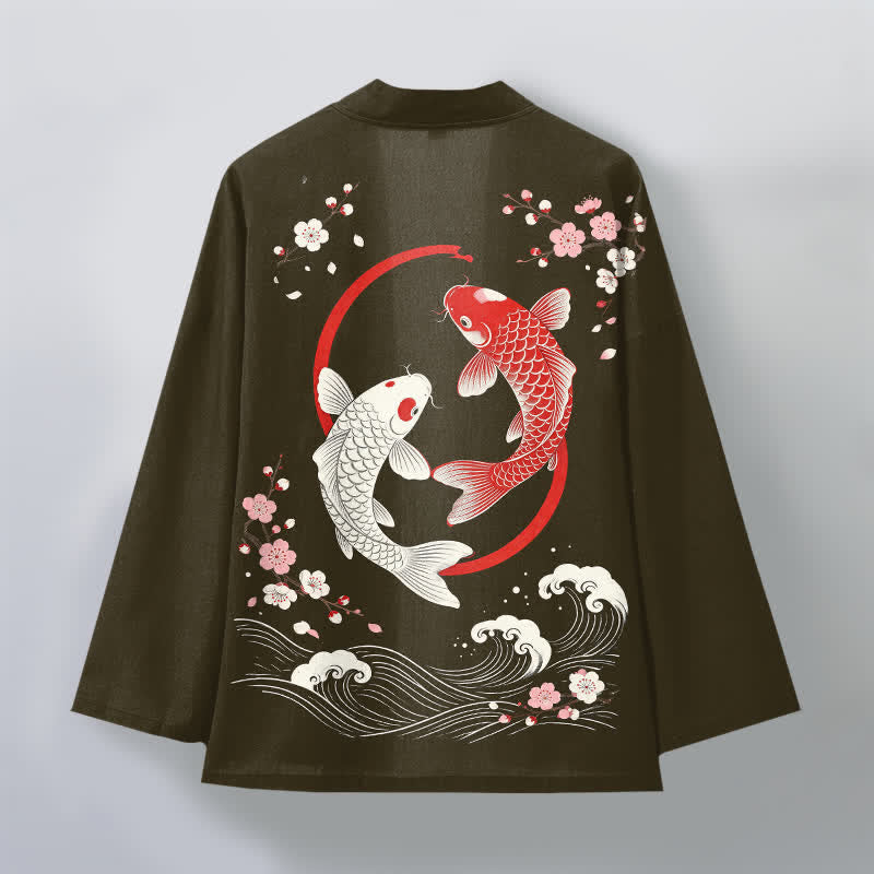 Buddha Stones Męskie kimono z bawełny Twin Koi Sakura Waves z otwartym przodem - image 8