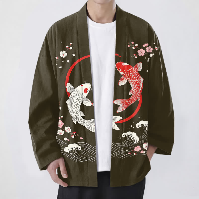 Buddha Stones Męskie kimono z bawełny Twin Koi Sakura Waves z otwartym przodem - Oliwka - US/UK/AU48， EU58 (4XL) - image 6