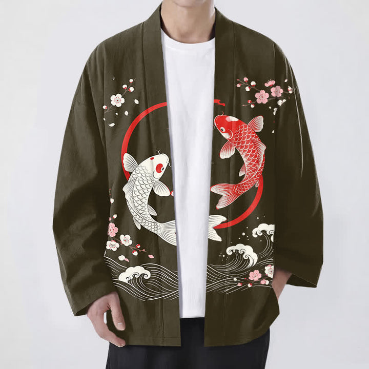 Buddha Stones Męskie kimono z bawełny Twin Koi Sakura Waves z otwartym przodem - Oliwka - US/UK/AU48， EU58 (4XL) - image 6