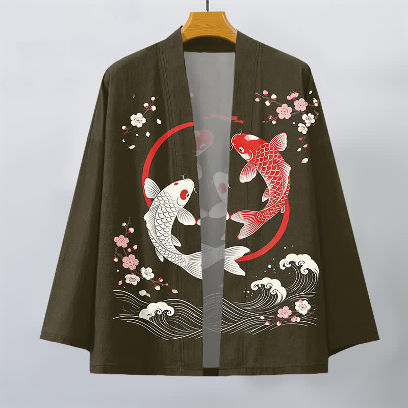 Buddha Stones Męskie kimono z bawełny Twin Koi Sakura Waves z otwartym przodem - image 7