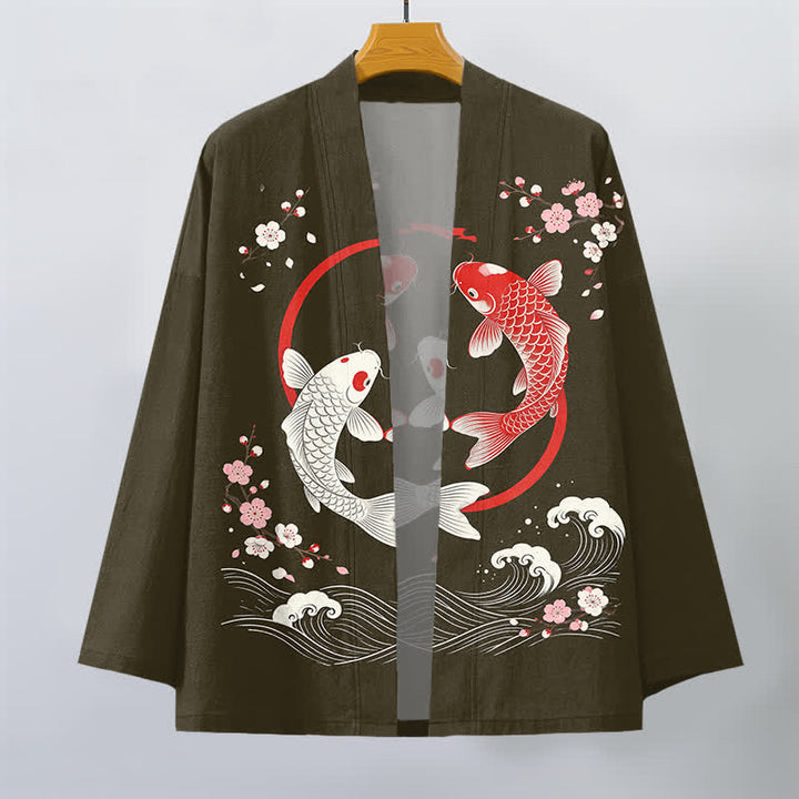 Buddha Stones Męskie kimono z bawełny Twin Koi Sakura Waves z otwartym przodem - image 7
