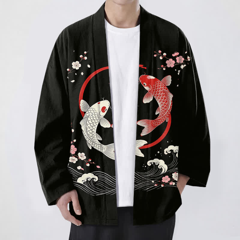 Buddha Stones Męskie kimono z bawełny Twin Koi Sakura Waves z otwartym przodem - Czarny - US/UK/AU48， EU58 (4XL) - image 9