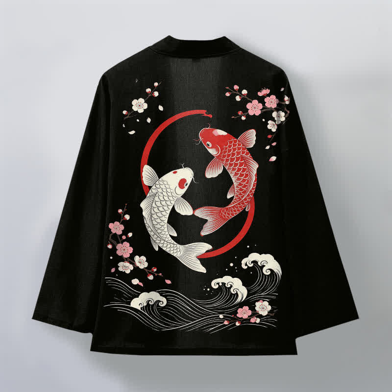 Buddha Stones Męskie kimono z bawełny Twin Koi Sakura Waves z otwartym przodem - image 11