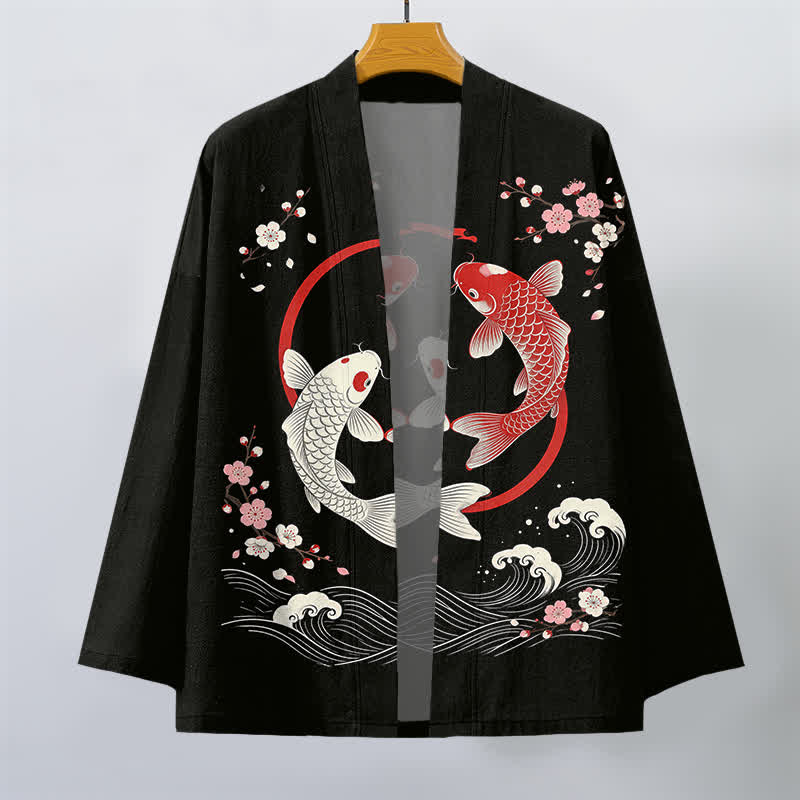 Buddha Stones Męskie kimono z bawełny Twin Koi Sakura Waves z otwartym przodem - image 10