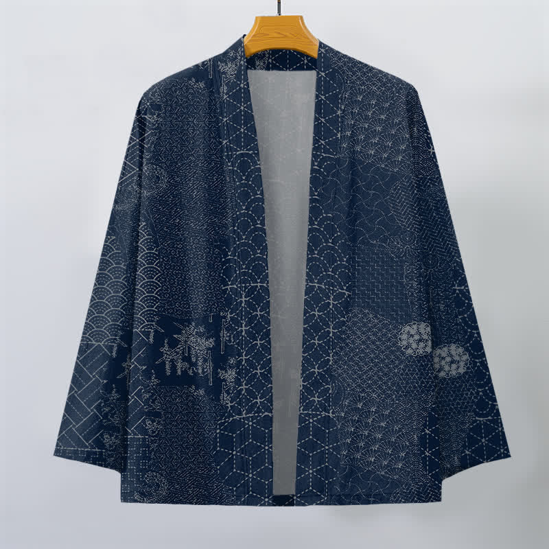 Buddha Stones Bawełniane kimono męskie z odkrytym przodem i wzorem Seigaiha Asanoha - image 1