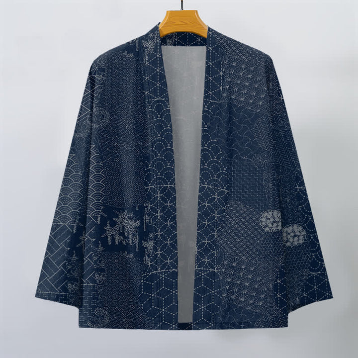 Buddha Stones Bawełniane kimono męskie z odkrytym przodem i wzorem Seigaiha Asanoha - image 1