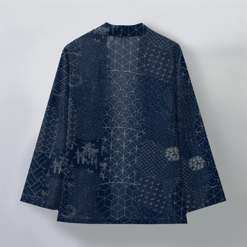Buddha Stones Bawełniane kimono męskie z odkrytym przodem i wzorem Seigaiha Asanoha - image 2