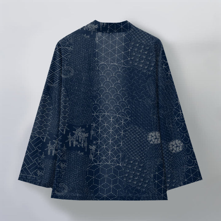 Buddha Stones Bawełniane kimono męskie z odkrytym przodem i wzorem Seigaiha Asanoha - image 2