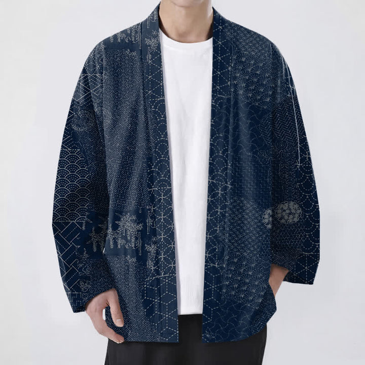 Buddha Stones Bawełniane kimono męskie z odkrytym przodem i wzorem Seigaiha Asanoha - Marynarka wojenna - US/UK/AU48， EU58 (4XL) - image 0