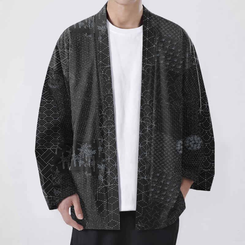 Buddha Stones Bawełniane kimono męskie z odkrytym przodem i wzorem Seigaiha Asanoha - Czarny - US/UK/AU48， EU58 (4XL) - image 6
