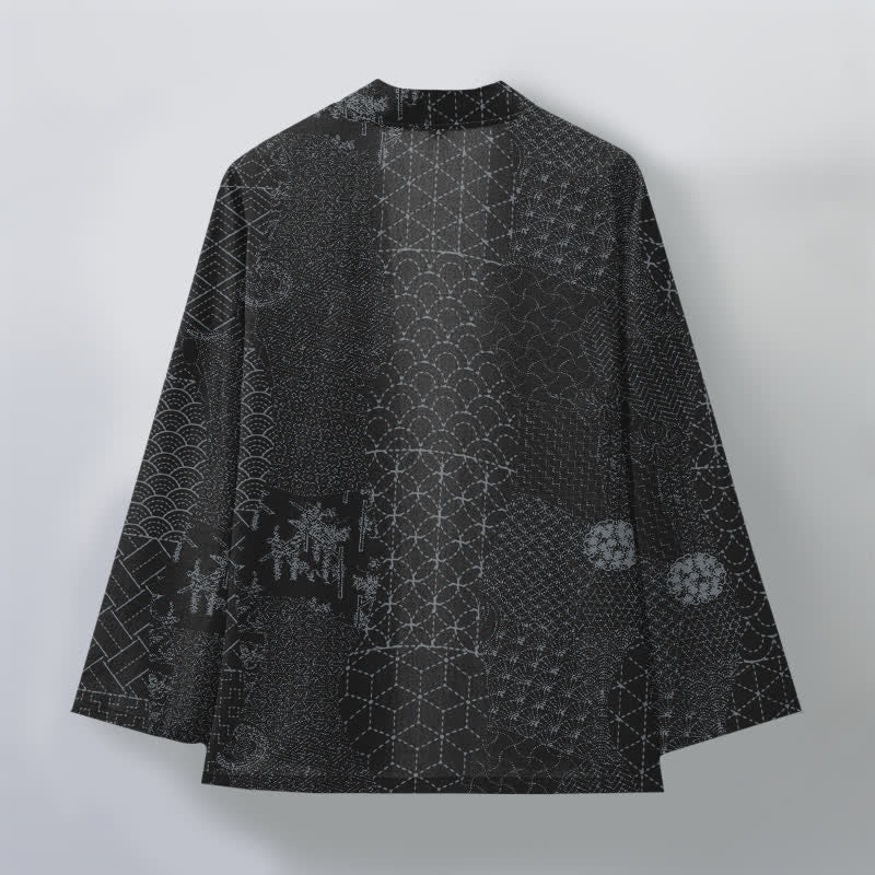 Buddha Stones Bawełniane kimono męskie z odkrytym przodem i wzorem Seigaiha Asanoha - image 8