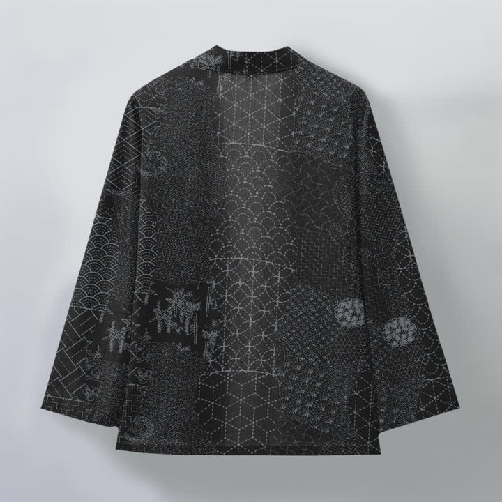 Buddha Stones Bawełniane kimono męskie z odkrytym przodem i wzorem Seigaiha Asanoha - image 8