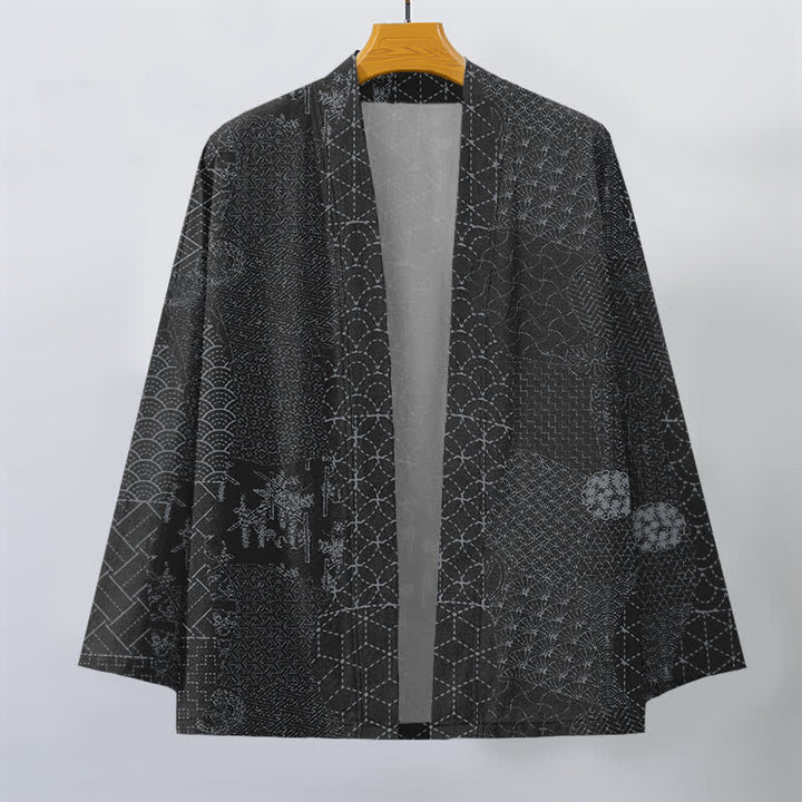 Buddha Stones Bawełniane kimono męskie z odkrytym przodem i wzorem Seigaiha Asanoha - image 7