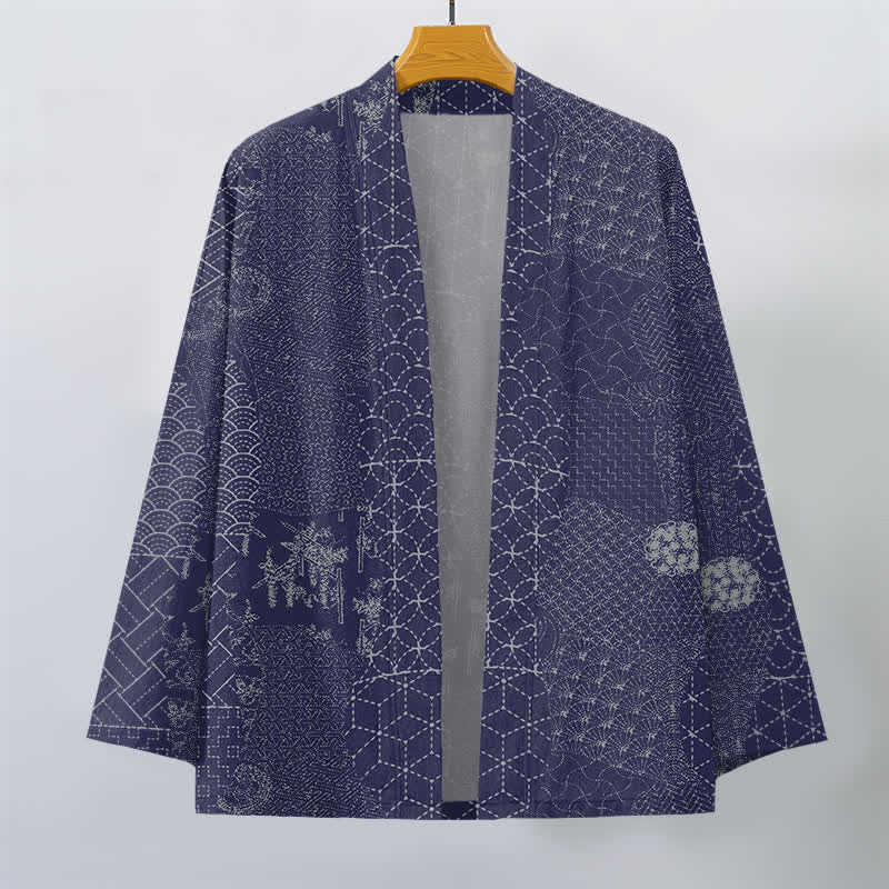 Buddha Stones Bawełniane kimono męskie z odkrytym przodem i wzorem Seigaiha Asanoha - image 10