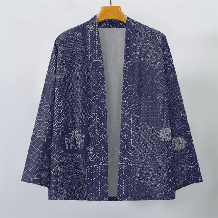 Buddha Stones Bawełniane kimono męskie z odkrytym przodem i wzorem Seigaiha Asanoha - image 10
