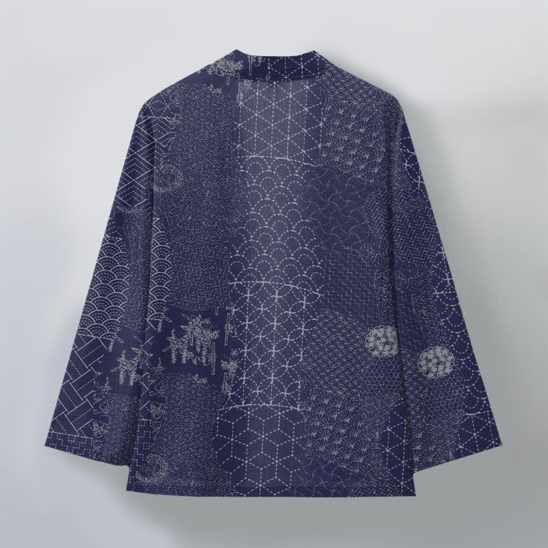Buddha Stones Bawełniane kimono męskie z odkrytym przodem i wzorem Seigaiha Asanoha - image 11