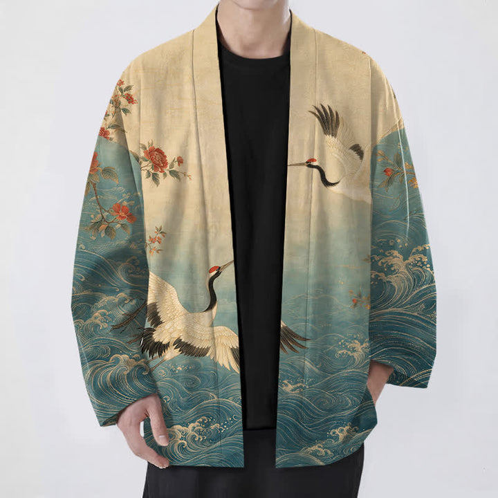 Buddha Stones Bawełniane, białe, męskie kimono z kwiatowym wzorem w kształcie żurawia, z odkrytym przodem - Cyraneczka - US/UK/AU48， EU58 (4XL) - image 0