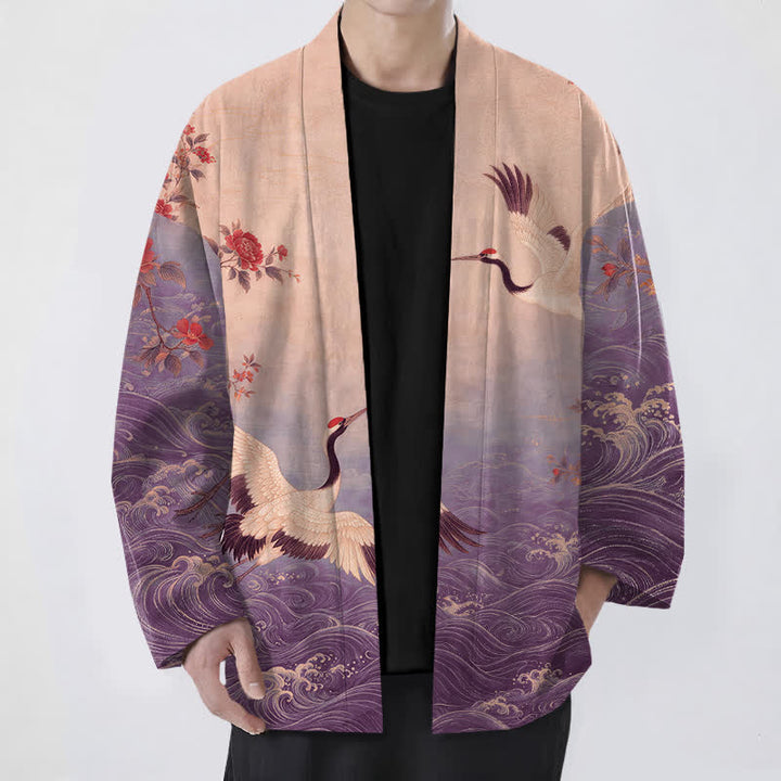 Buddha Stones Bawełniane, białe, męskie kimono z kwiatowym wzorem w kształcie żurawia, z odkrytym przodem - Średniofioletowy - US/UK/AU48， EU58 (4XL) - image 6