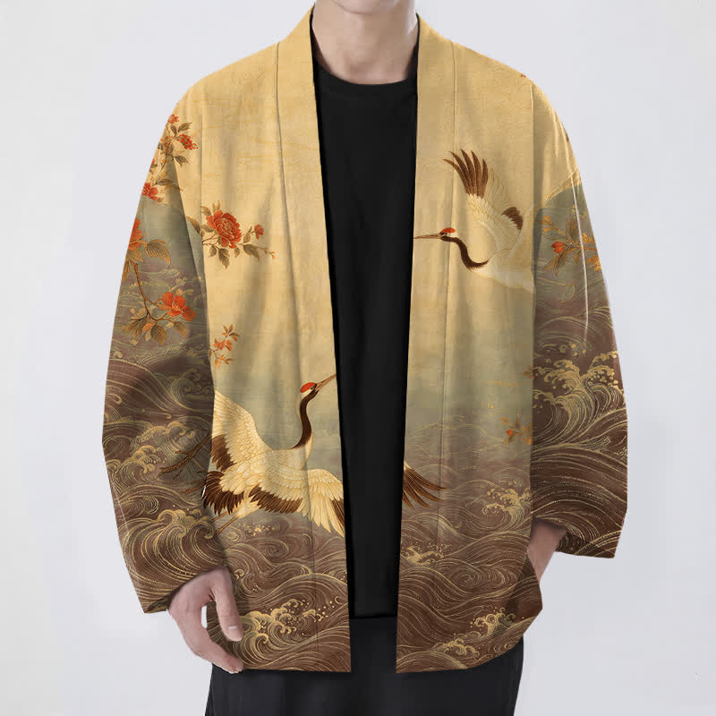 Buddha Stones Bawełniane, białe, męskie kimono z kwiatowym wzorem w kształcie żurawia, z odkrytym przodem - DarkGoldenrod - US/UK/AU48， EU58 (4XL) - image 9