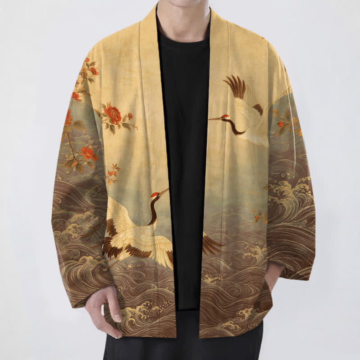 Buddha Stones Bawełniane, białe, męskie kimono z kwiatowym wzorem w kształcie żurawia, z odkrytym przodem - DarkGoldenrod - US/UK/AU48， EU58 (4XL) - image 9