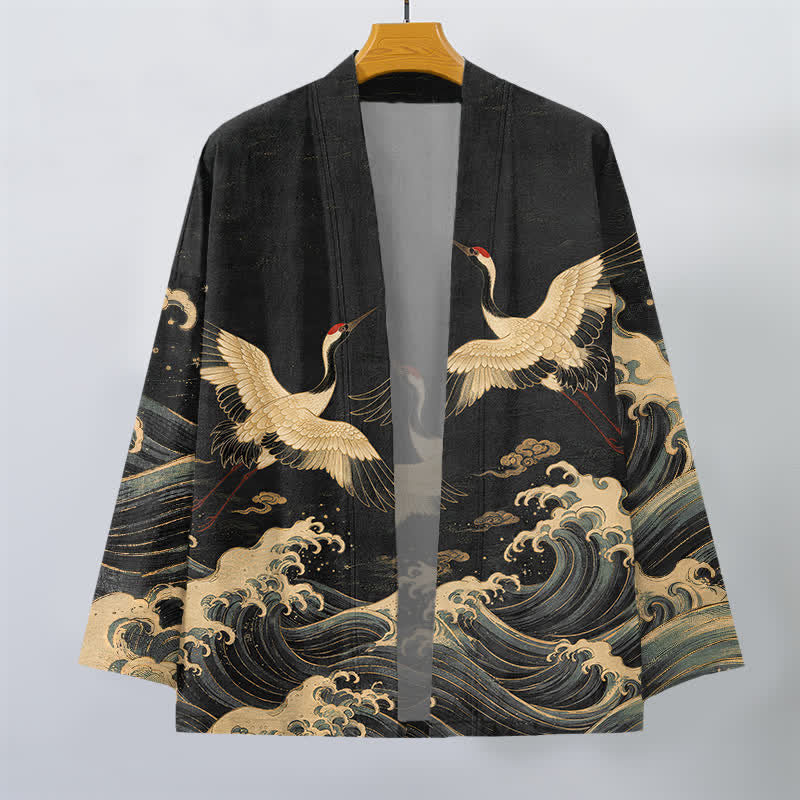Buddha Stones Bawełniane kimono męskie z odkrytym przodem i wzorem Golden Crane Rolling Waves - image 1
