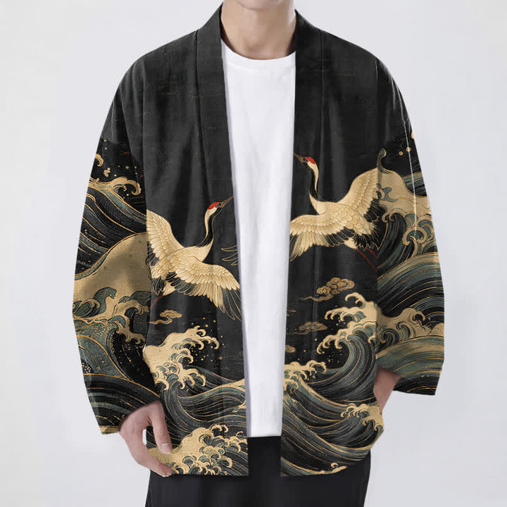 Buddha Stones Bawełniane kimono męskie z odkrytym przodem i wzorem Golden Crane Rolling Waves - Czarny - US/UK/AU48， EU58 (4XL) - image 0