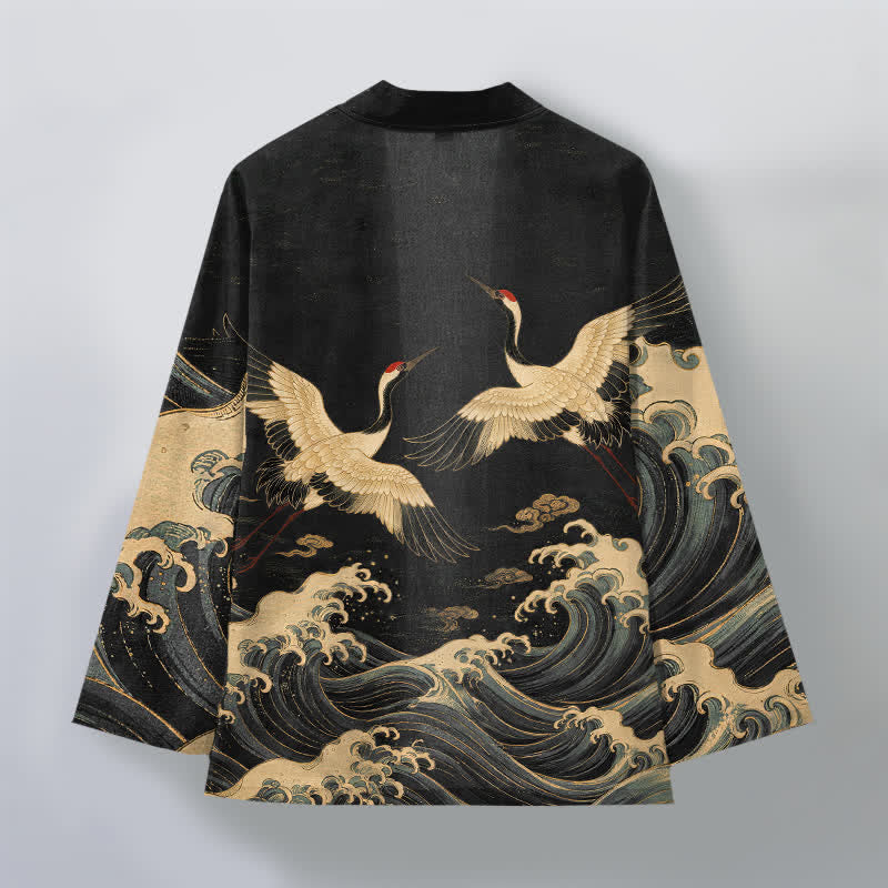 Buddha Stones Bawełniane kimono męskie z odkrytym przodem i wzorem Golden Crane Rolling Waves - image 2