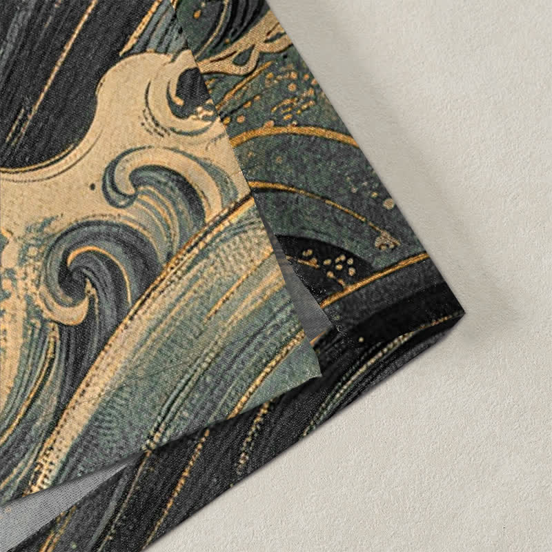 Buddha Stones Bawełniane kimono męskie z odkrytym przodem i wzorem Golden Crane Rolling Waves - image 4