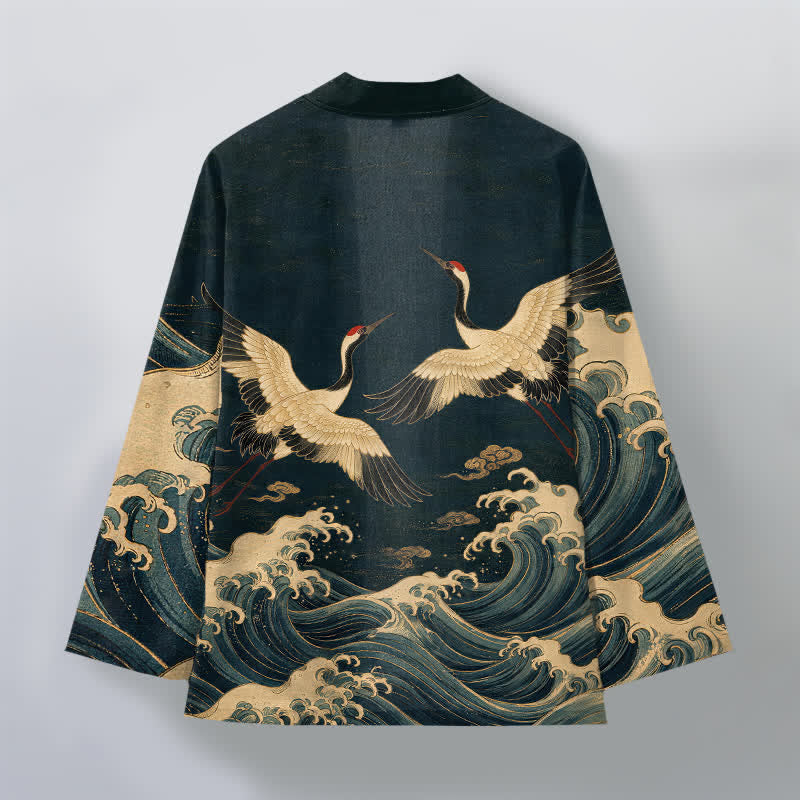 Buddha Stones Bawełniane kimono męskie z odkrytym przodem i wzorem Golden Crane Rolling Waves - image 8