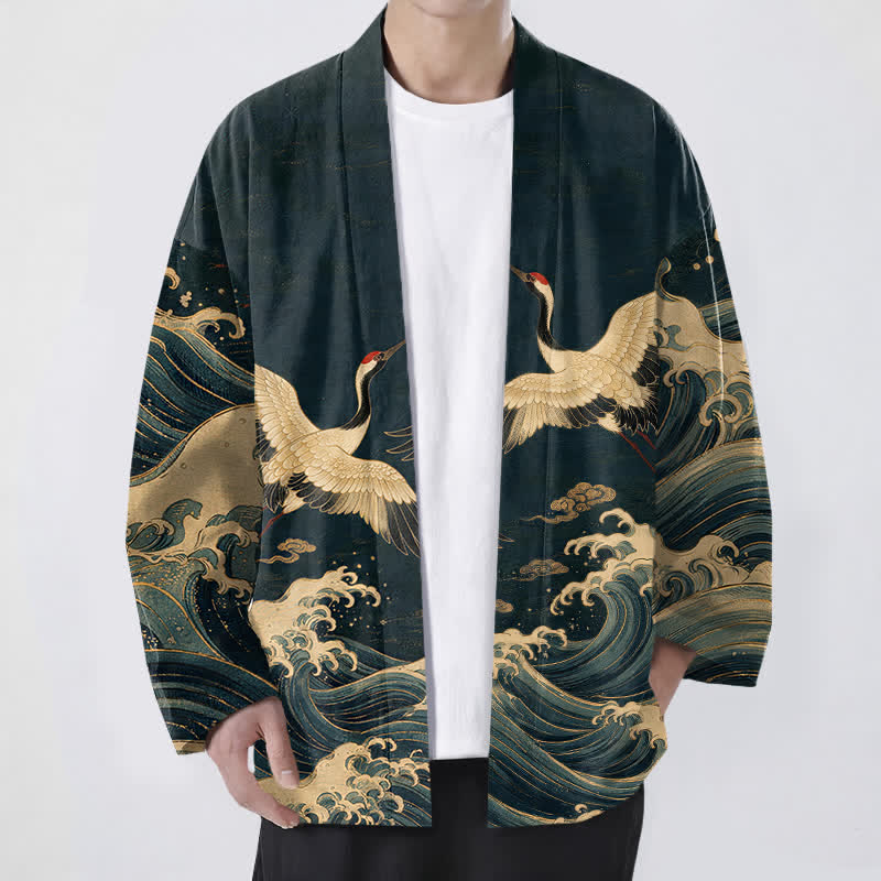 Buddha Stones Bawełniane kimono męskie z odkrytym przodem i wzorem Golden Crane Rolling Waves - Marynarka wojenna - US/UK/AU48， EU58 (4XL) - image 6