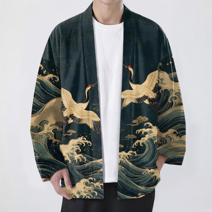Buddha Stones Bawełniane kimono męskie z odkrytym przodem i wzorem Golden Crane Rolling Waves - Marynarka wojenna - US/UK/AU48， EU58 (4XL) - image 6