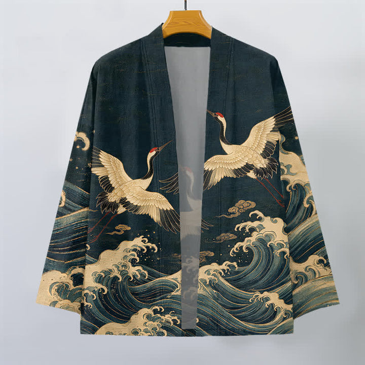 Buddha Stones Bawełniane kimono męskie z odkrytym przodem i wzorem Golden Crane Rolling Waves - image 7