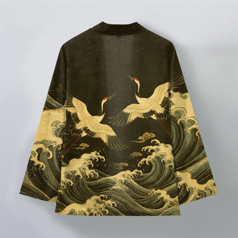 Buddha Stones Bawełniane kimono męskie z odkrytym przodem i wzorem Golden Crane Rolling Waves - image 11