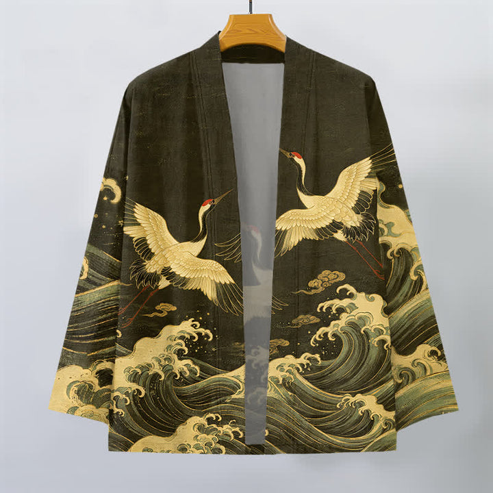 Buddha Stones Bawełniane kimono męskie z odkrytym przodem i wzorem Golden Crane Rolling Waves - image 10